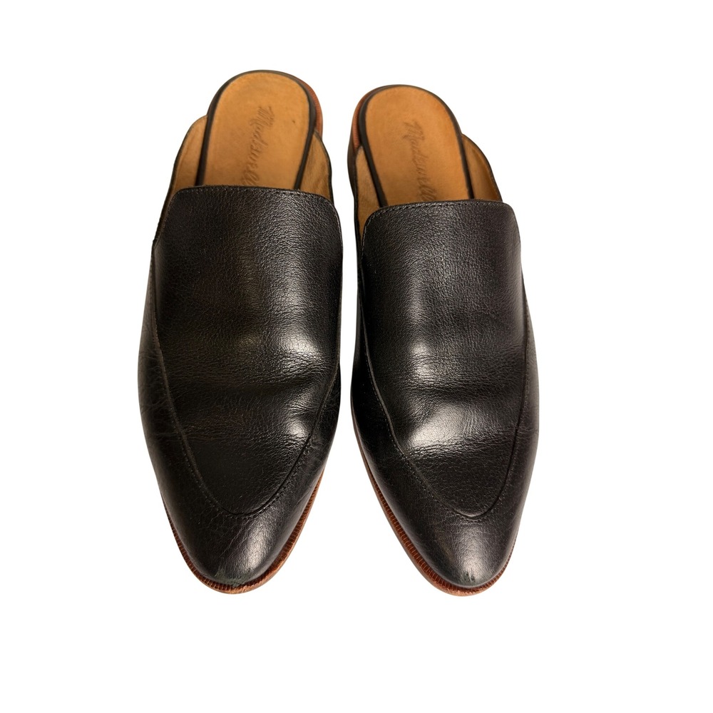 Madewell Black Leather Pointed Toe Mules Size 8.5 Low Stacked Block Heel Slip On